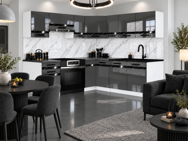 Mobili da cucina Prestige 360 cm grigio brillante con piano di lavoro Produttore INF P Pablo/0/WT/S/0/A1/CS