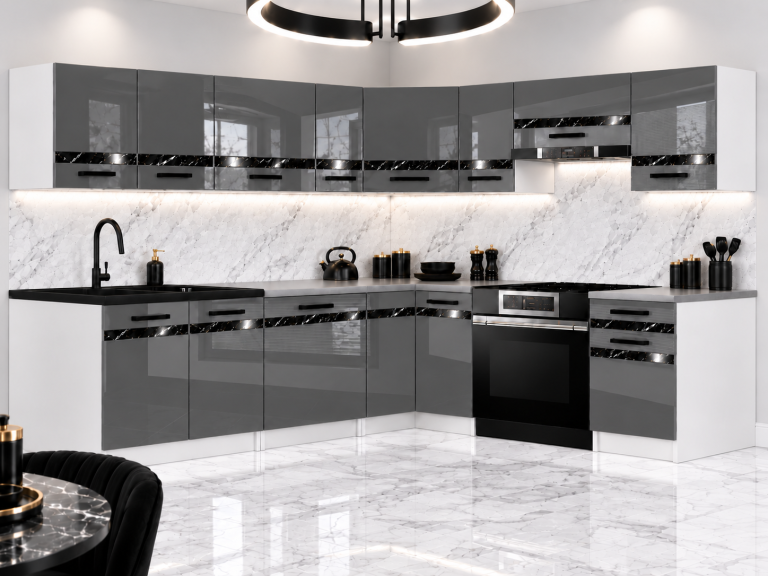 Mobili da cucina Prestige 420 cm grigio brillante con piano di lavoro Produttore INF P Gustav/0/WT/S/0/0/CS