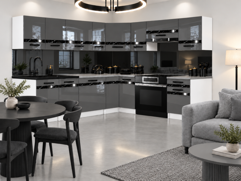 Mobili da cucina Prestige 420 cm grigio brillante senza piano di lavoro Produttore INF P Gustav/0/WT/S/BB/A1/CS