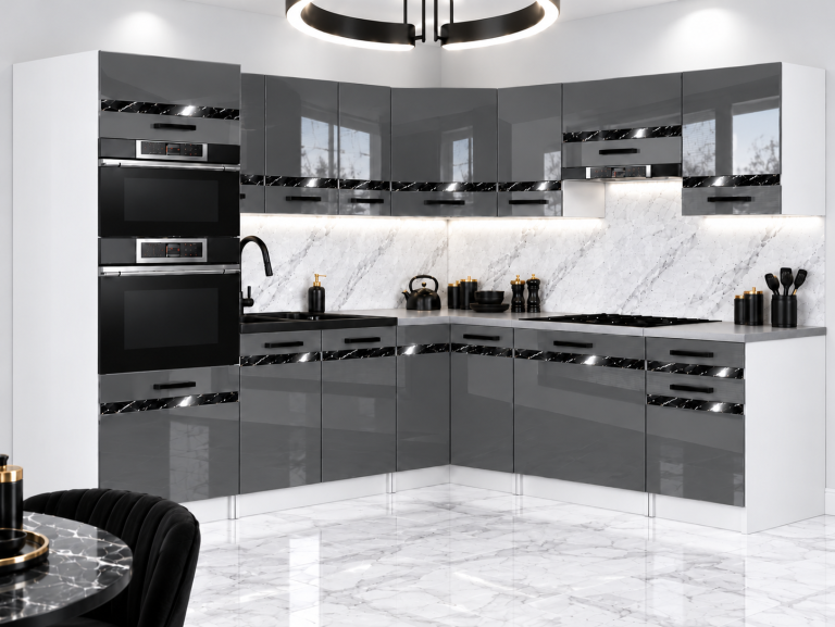 Mobili da cucina Prestige 420 cm grigio brillante con piano di lavoro Produttore INF P Diego/0/WT/S/0/0/CS