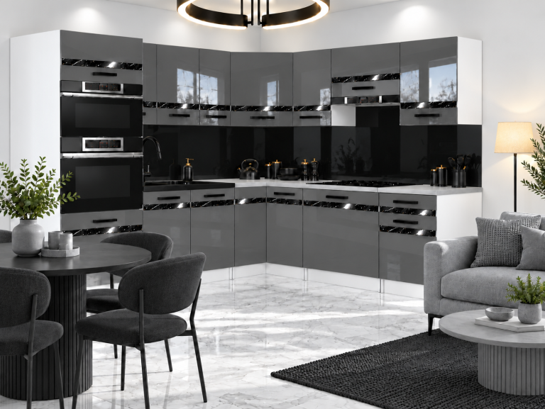 Mobili da cucina Prestige 420 cm grigio brillante senza piano di lavoro Produttore INF P Diego/0/WT/S/BB/A1/CS